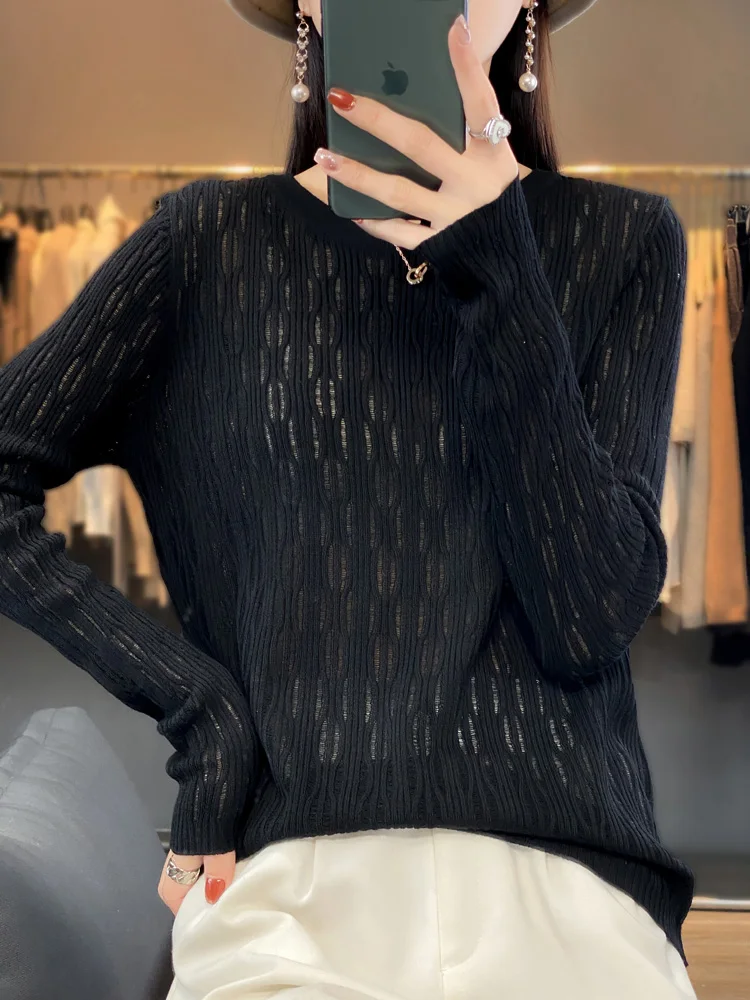 

Hollow Out Women's Knitted Sweaters Worsted Wool Long Sleeve O-Neck Pullovers New Arrivals Female Tricots Clothes Fashion Trends