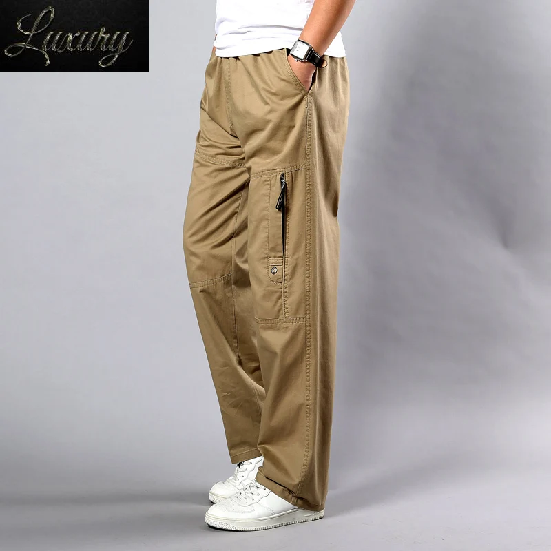 

Summer Men's Khaki Pants Large Size Straight Fit Big Sizes 5XL Side Pockets Wide Leg Cotton Black Cargo Work Trousers Male