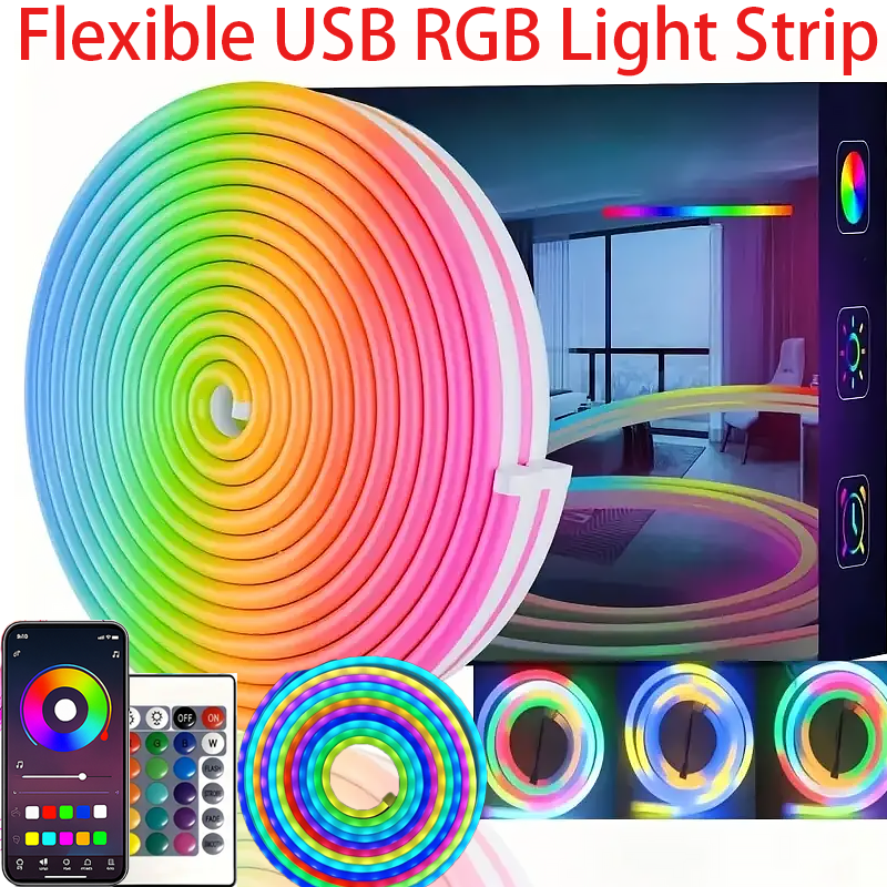 5V RGB Silicone Neon LED Strip Light with APP & 24-Key Remote, USB Powered, Music Reactive Lights for TV, Room, Desk Decoration