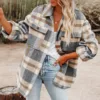 2024 Women Plaid Shacket Jacket Lapel Long Sleeve Button Down Flannel Shirts Coat Double Pocket Design Loose Fall Clothes 1