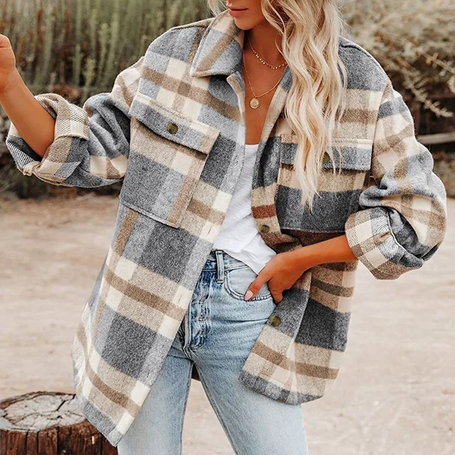 2024 Women Plaid Shacket Jacket Lapel Long Sleeve Button Down Flannel Shirts Coat Double Pocket Design Loose Fall Clothes 1