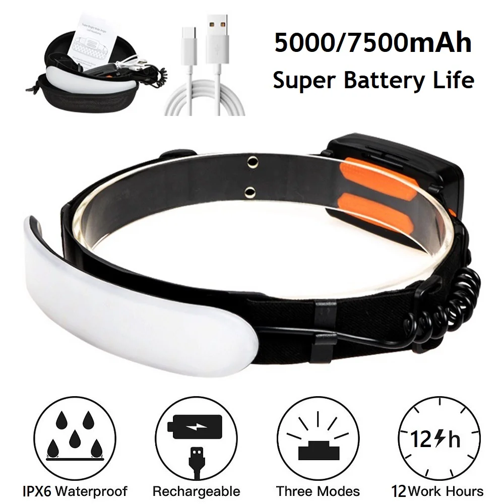 

7500mah 220° Headlamp Portable COB LED Headlight With Built-in Battery Flashlight USB Rechargeable Outdoor Waterproof Head Lamp