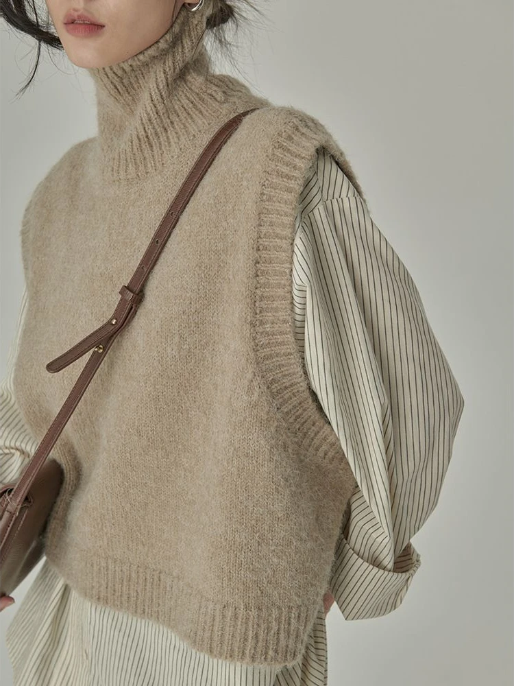 Turtleneck Sweater Vests Women All-match Loose Elegant Solid Minimalist  Korean Fashion Style Office Ladies Knitwear Ropa Mujer