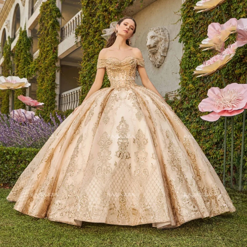 

Champagne Off The Shoulder Ball Gown Quinceanera Dress Appliques Lace Beads Tull Sweet 16 Dresses Vestidos De 15 Años