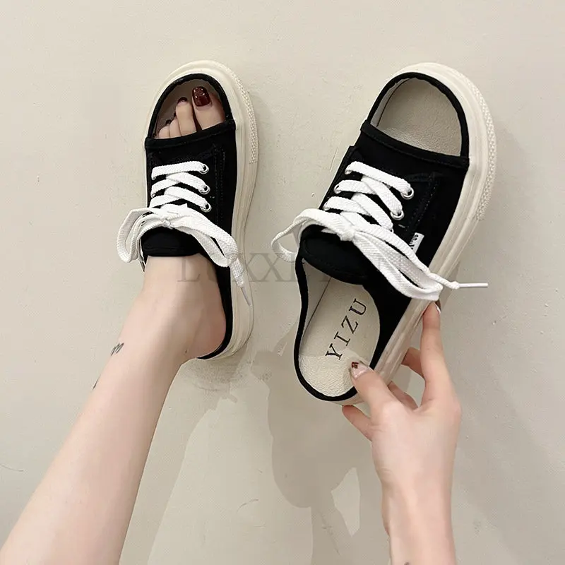 

Women Canvas Slippers Summer Denim Woman Flat Slippers Autumn Fashion Outdoor Casual Shoes Ladies Lace Up Open Toe Sandals