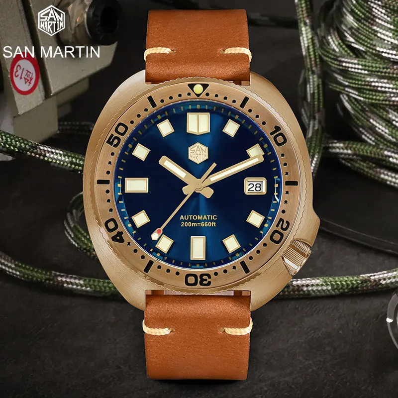 

San Martin New 44mm Abalone V4 Turtle Solid CUSN8 Bronze Vintage Diver Men Mechanical Watch 20Bar Luminous Leather Strap Relojes