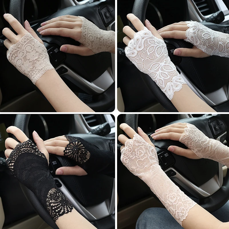 قفازات قيادة نسائية بنصف إصبع من الدانتيل ، قفازات بدون أصابع ، مرنة ، جيدة التهوية ، رقيقة ، شاشة تعمل باللمس ، في الهواء الطلق ، الصيف ، أزياء عرائس