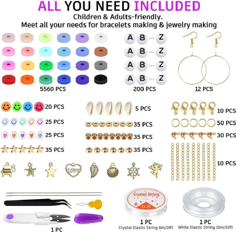 6MM 24 Flat Chip Beads For Boho Bracelet Necklce Making Letter Beads Accessories Kit DIY Toys for Kids Adult Gift