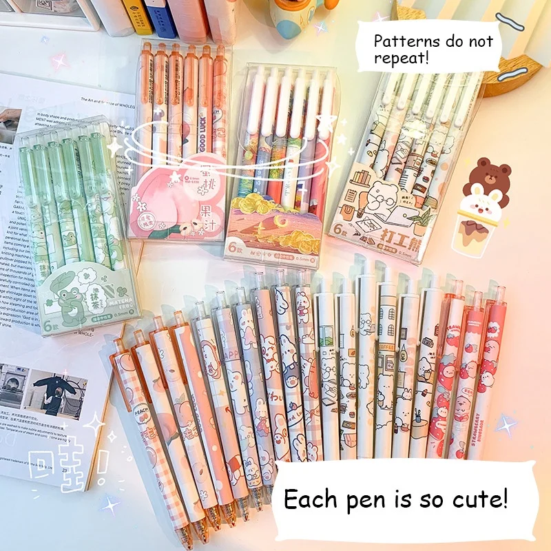 

6PCS/Set Kawaii Gel Pen 0.5mm Cute Ballpoint Retractable Students Writing Cartoon School Supplies Stationery Office Accessories