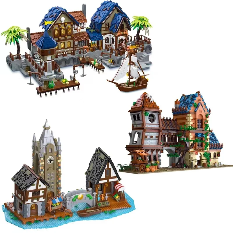 

Street View Medieval Town Market Tavern Harbor Building Block Bricks Modular Architecture Model Toys For Kid Birthday Gift MOC