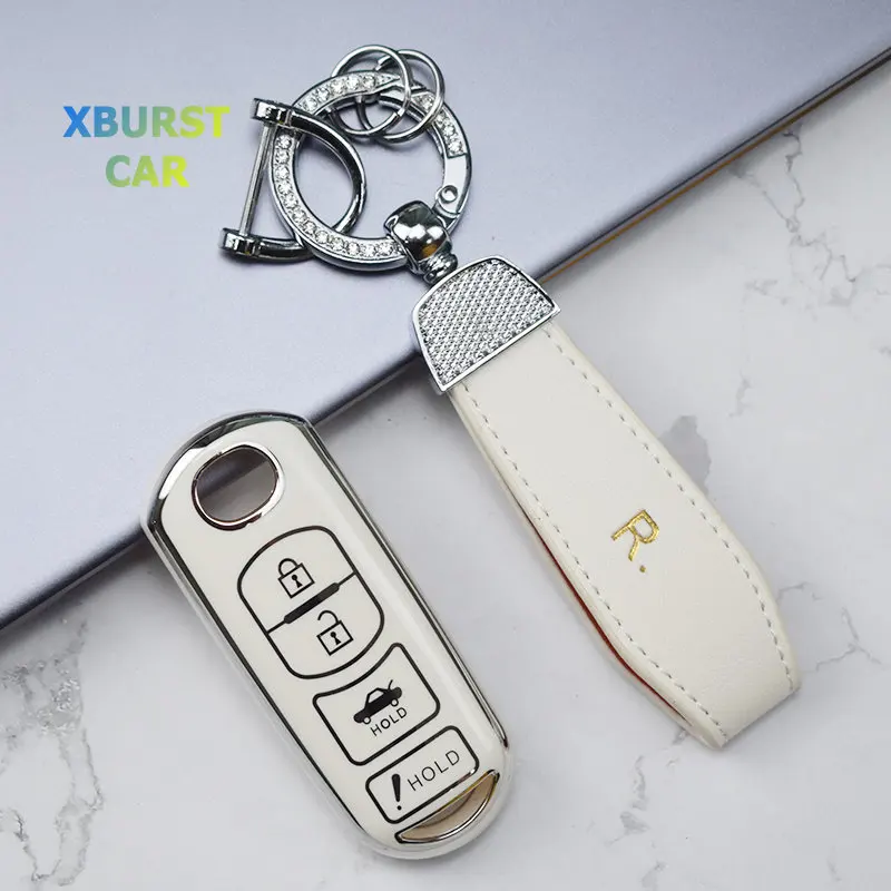 Ontto Cover Per Chiave Auto TPU - Adatta Per Mazda 2 3 5 6 CX-5 CX-3 Ecc. 2015-2019 - Bianco Con Bordo Oro