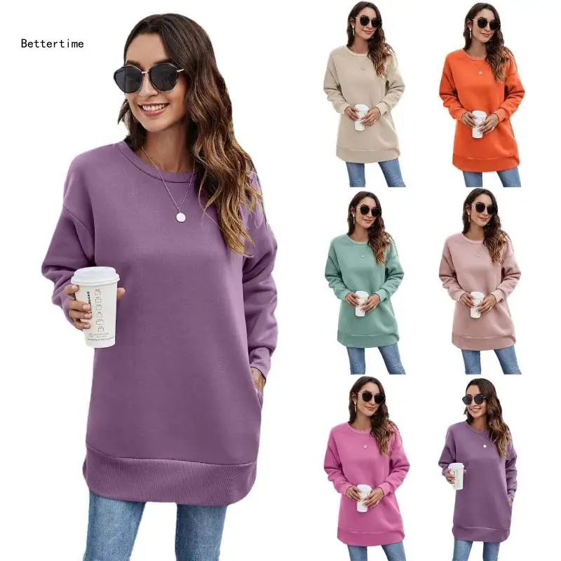 

B36D Womens Simple Casual Sweatshirt Round Ncek Pullover Female Hoodie Long Sleeve