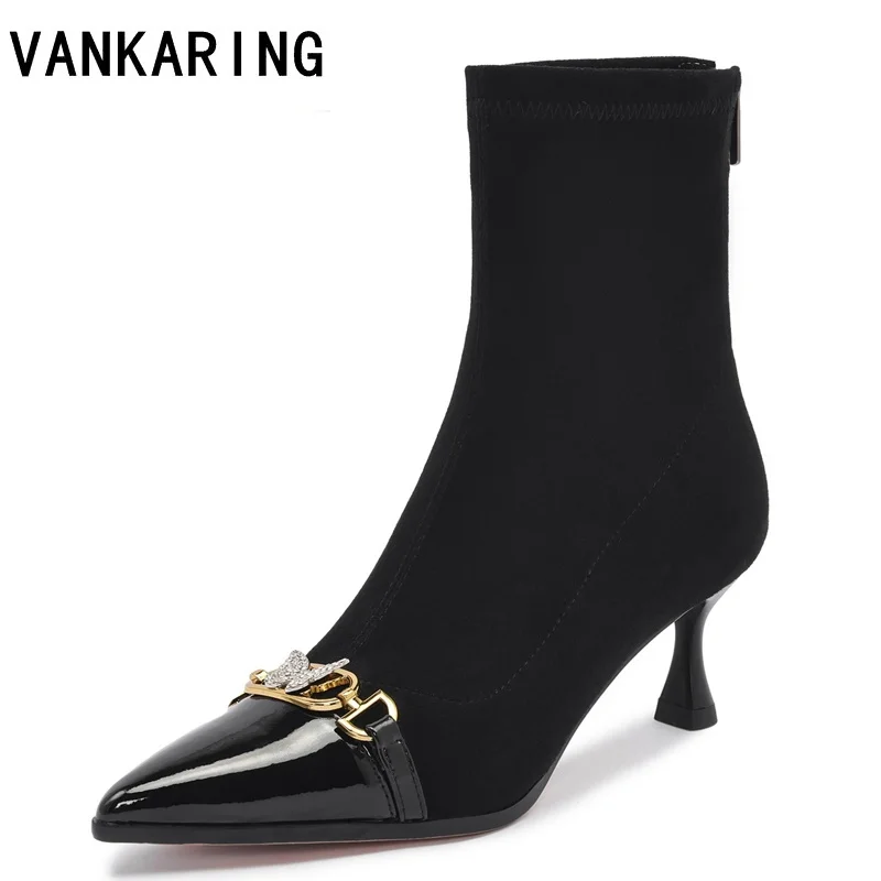 

bootas mujer sexy high heels women ankle boots cow leather chelsea boots fashion elastic socks boots metal bow party dress shoes