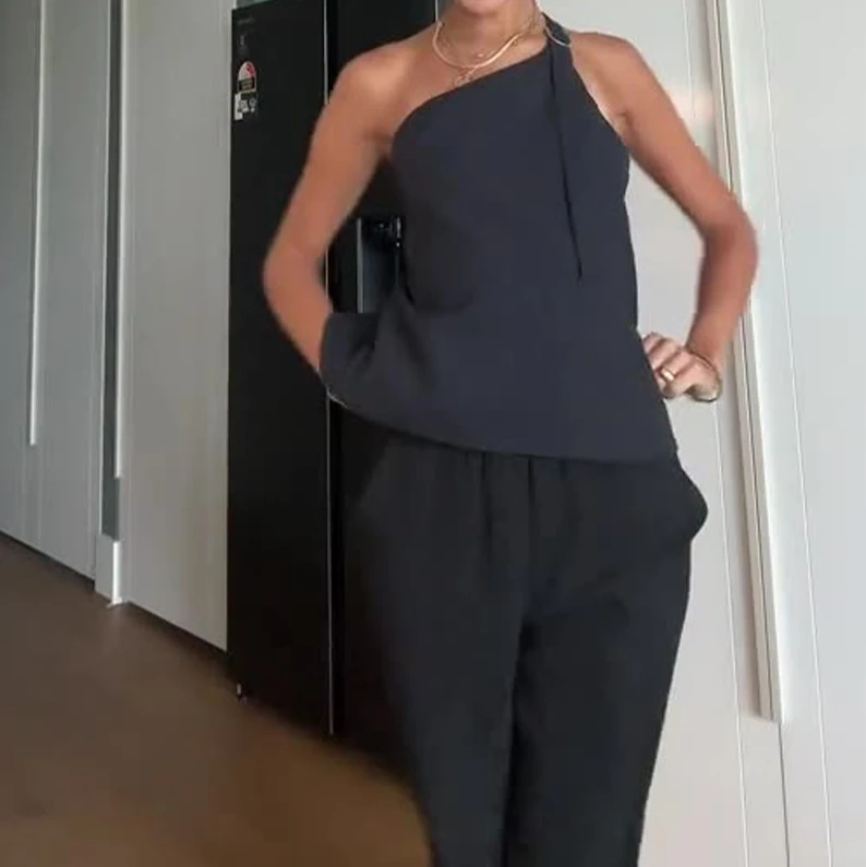 Women's Pants Set 2024 Summer Sexy Sleeveless Diagonal Collar Top and Office High Waisted Straight Leg Pants Two-Piece Set