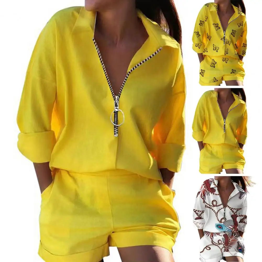 WomenSuitTwoPieceSetShirtShortsSuitMatchingFemaleSetsZipper