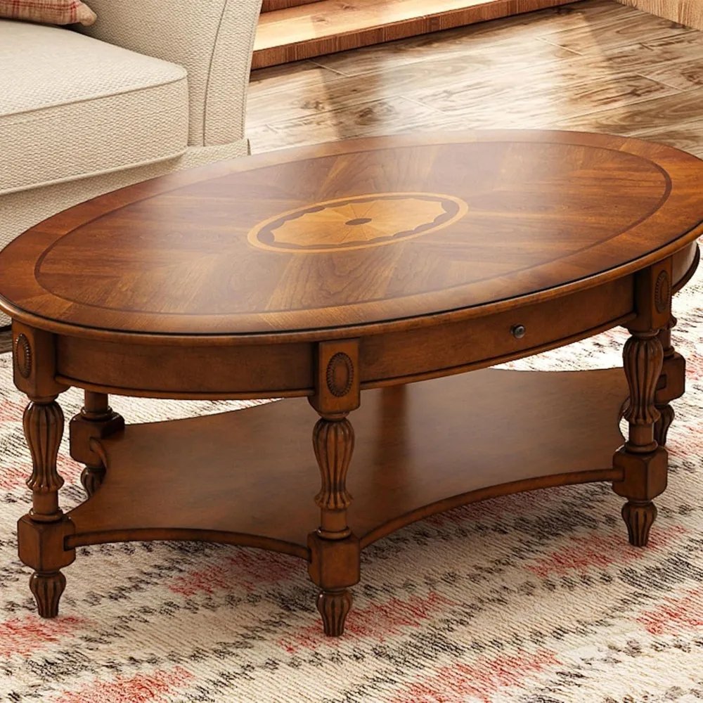 Traditional Wood Oval Coffee Table with Drawer, Beewax Living Room Cocktail Tea Table with Storage Shelf Center Table with Carv 3