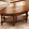 Traditional Wood Oval Coffee Table with Drawer, Beewax Living Room Cocktail Tea Table with Storage Shelf Center Table with Carv 3