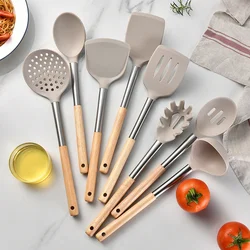 Premium Silicone Kitchen Utensil Set with Wood Handles - Non - Stick Cooking Tools & Gadgets (Khaki 8Pcs)