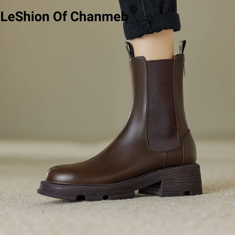 

LeShion Of Chanmeb Women Genuine Leather Boots Quality Block Heel Ankle Chelsea Boot Lady British Style Platform Zipper Shoes 42