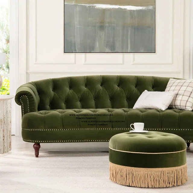 Nordic Modern Velvet Button Rivet Fabric Three Person Sofa Hotel Caf é Living Room Curved Furniture 4