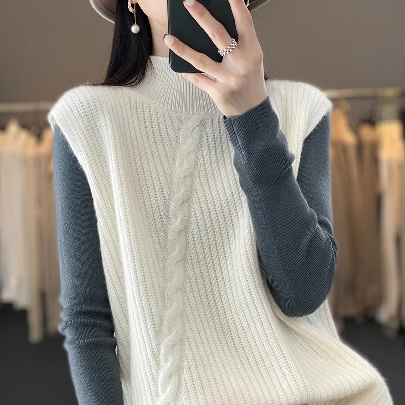 

Autumn and Winter New 100% Cashmere Vest Women Wear Half Turtleneck Knitted Cashmere Sweater With Bottom Vest
