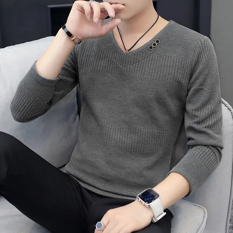 

T Shirts for Men Tight Knit V Neck Tops Slim Fit Unicolor Plain Male Clothes Korean Luxury Elasticity Emo Bulk Harajuku Fashion