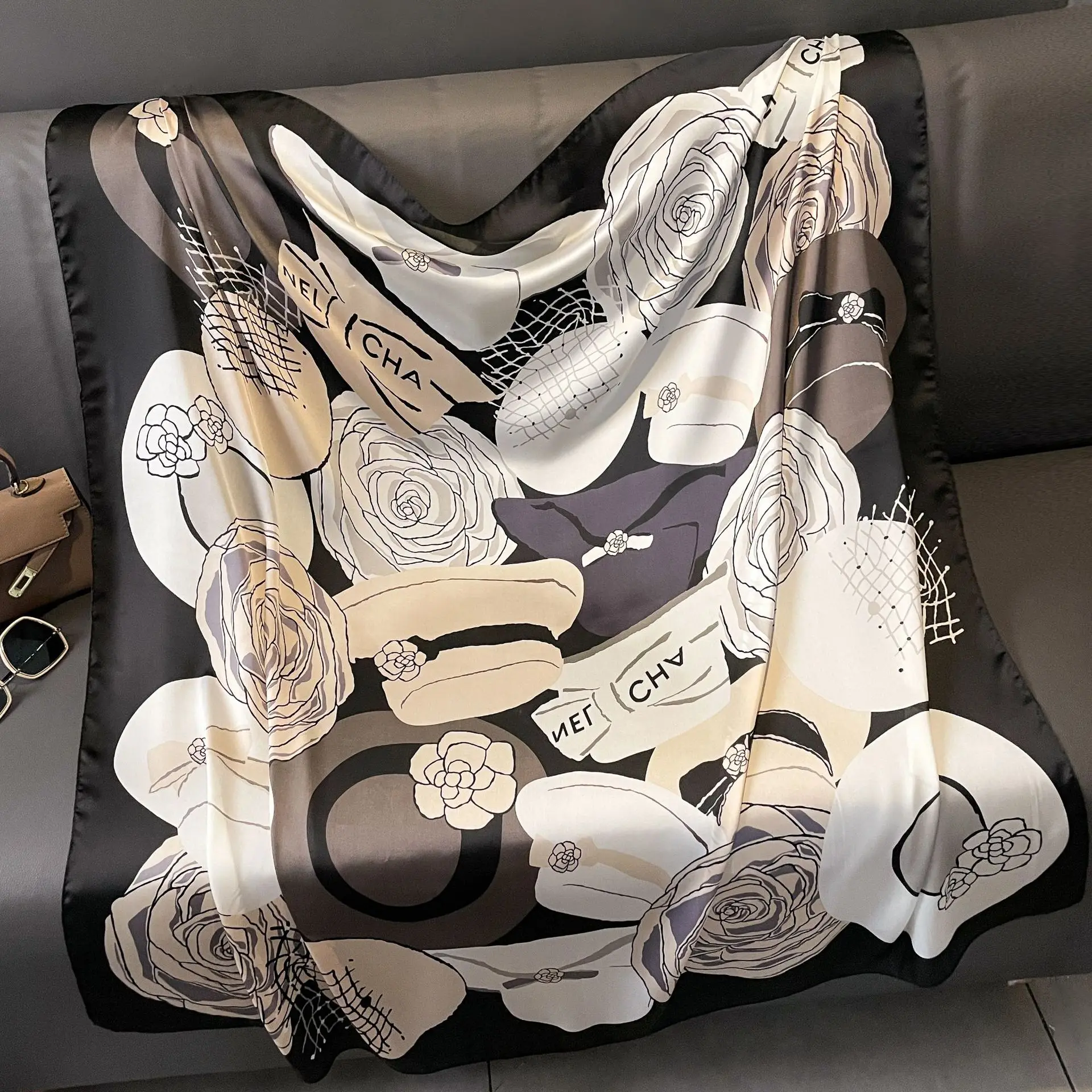 110*110cm New Lijin Forge Large Square Scarf Women's Fashion Printed Silk Scarf Travel Beach Sun Protection Shawl Headscarf