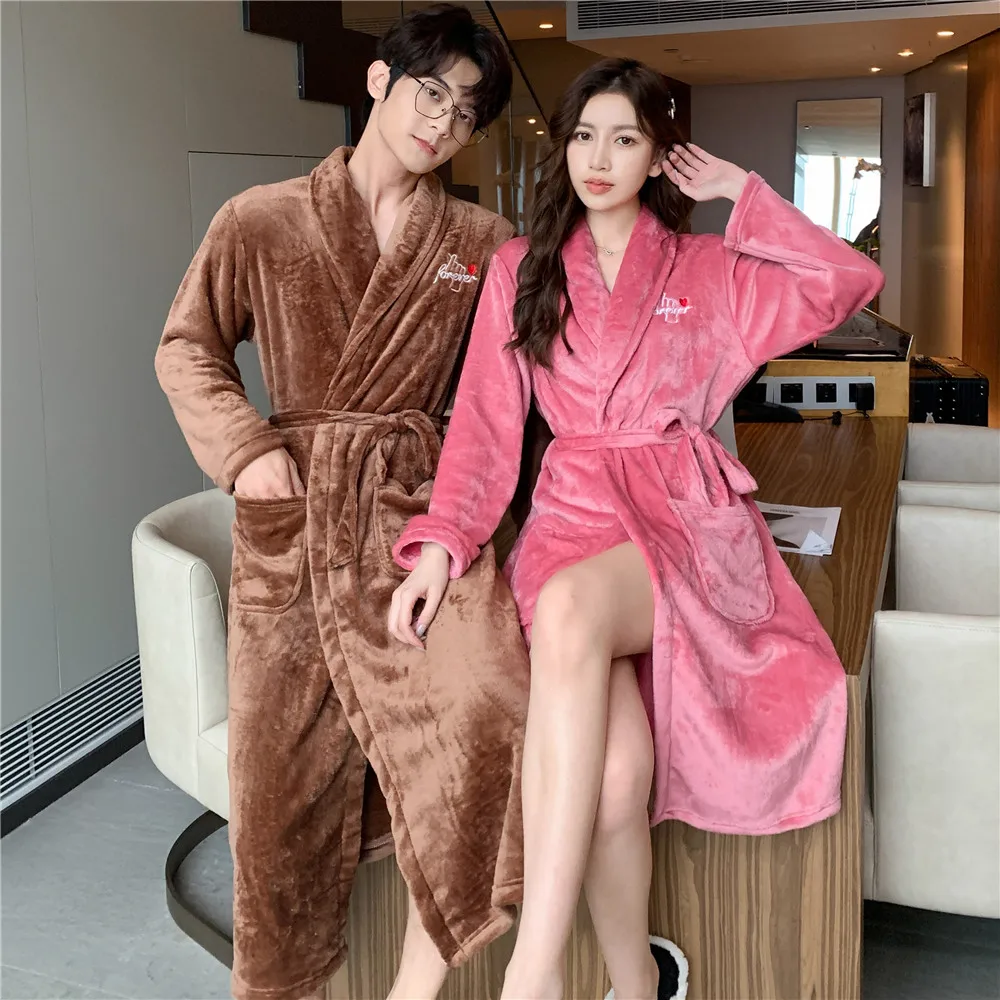 Flannel couple nightgown bathrobe winter thickening and lengthening men and women sexy coral fleece large lapel home service