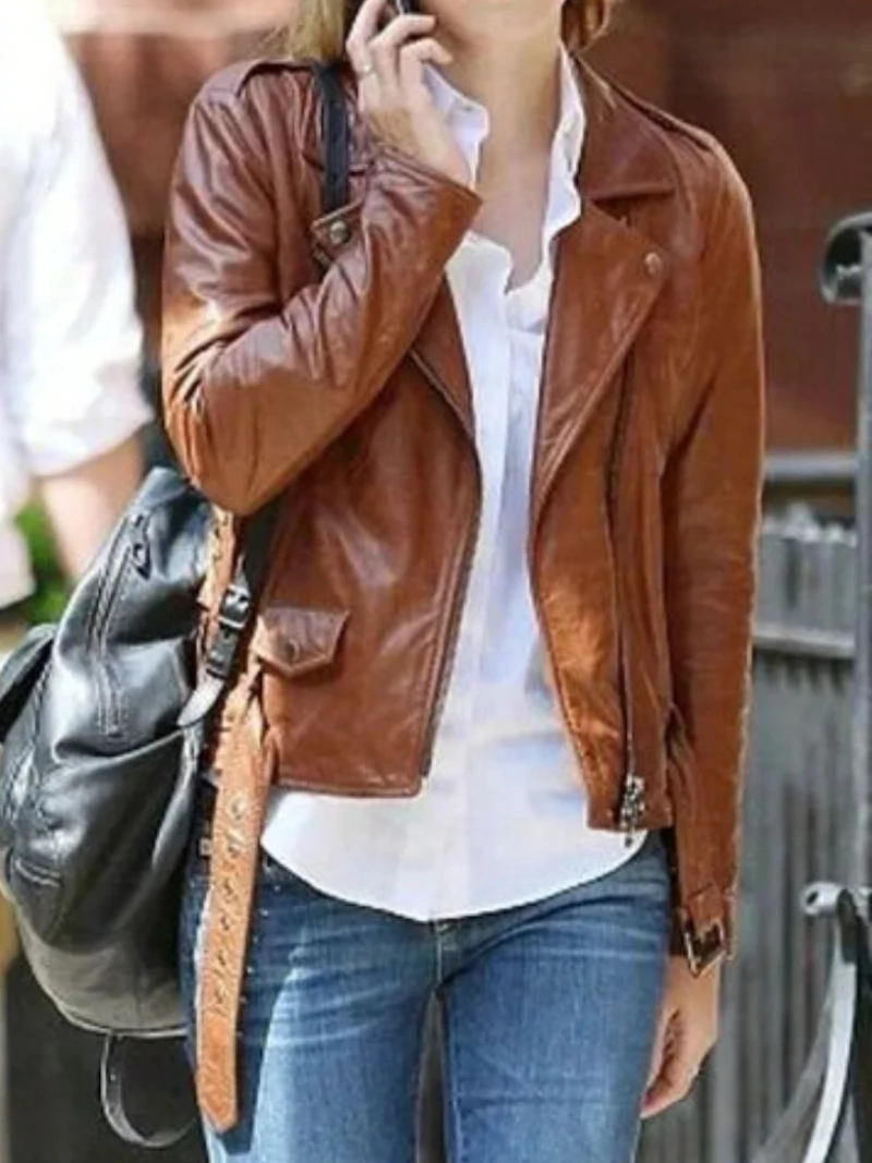 Women Biker Jacket Leather Jacket Emma Watson Slim Fit Leather Coat