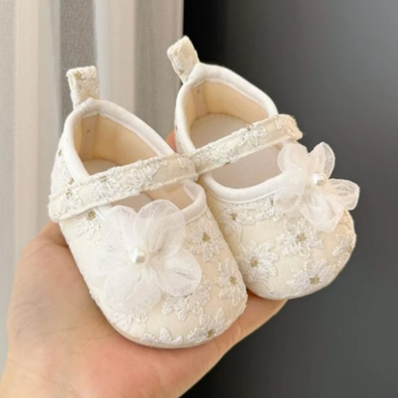 MISOWMNJOY Baby Baptist Shoes Girls Pearls Flowers Flats Crib Shoes Non-slip Soft Soles Cute Mary Jane for Newborn Toddler