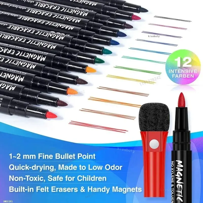 12 Colors Band Magnetic Whiteboard Marker Erasable Water-Based Marking Pen Eraser Student Drawing Pen Stationer color marker pens,pen marker,marker pens,whiteboard pens,dry erase markers