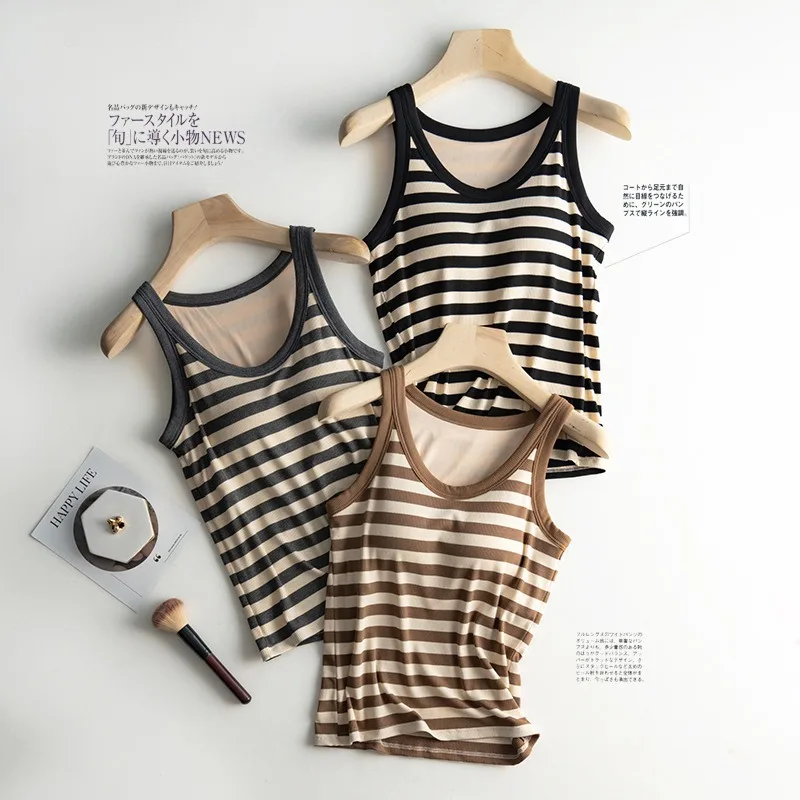 2023 Summer New Women's Tank Top Pajamas Thin Round Neck  With Chest Pads Tank Top Stripe Sports Bottom Short Home For Ladies