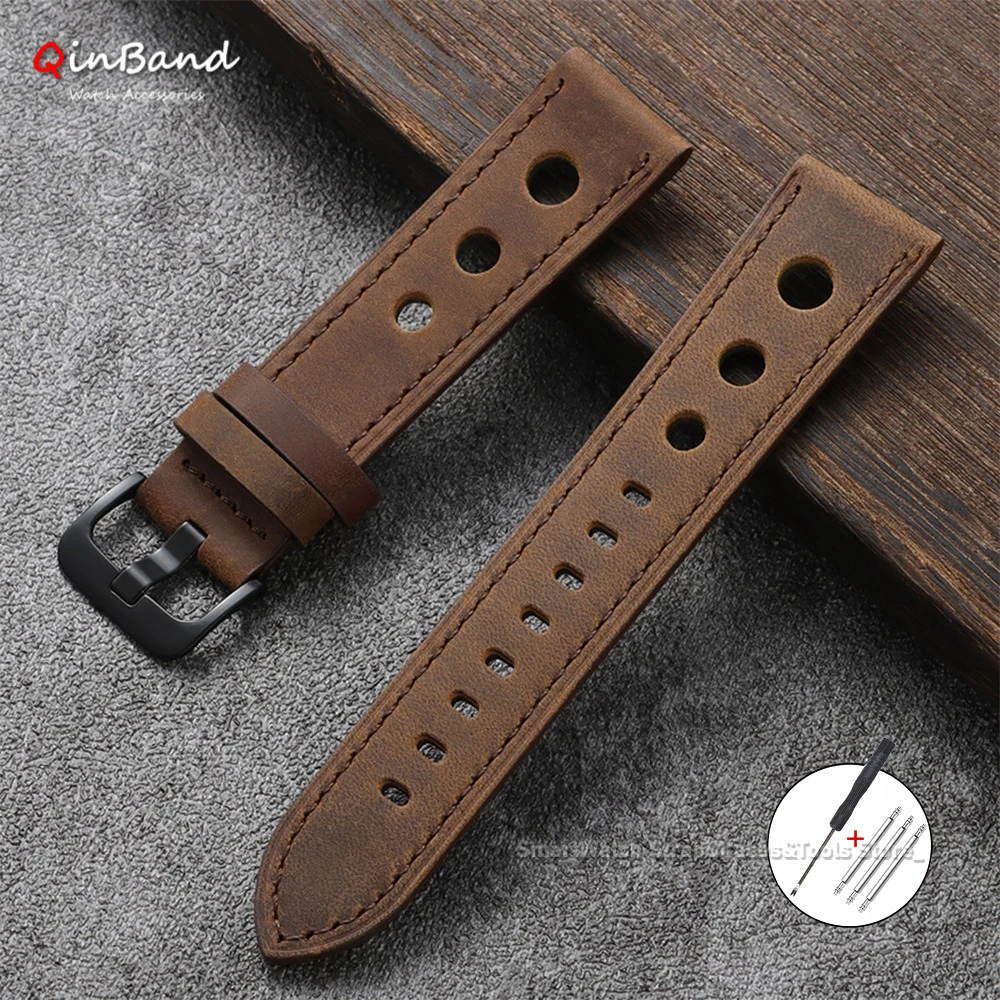 Handmade Stitching Leather Watch Band with Breathable Design - Brown, Black, Blue