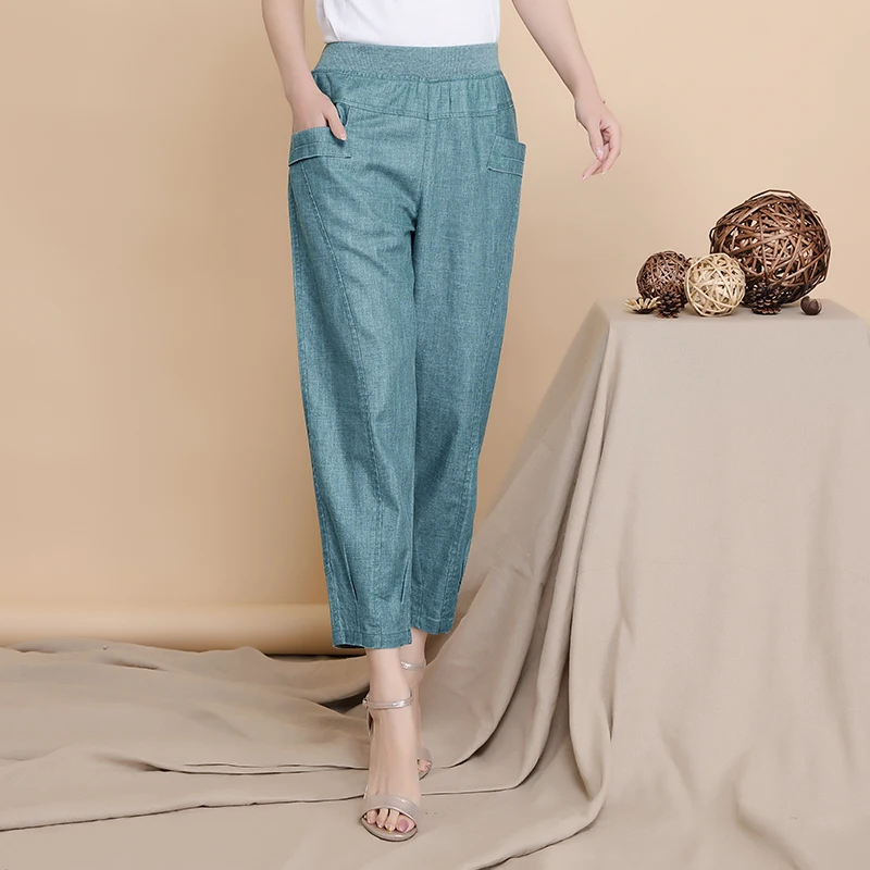 

2024 Summer Women Linen Harem Pants Middle-aged Lady Elastic Waist Loose Casual Pants Plus Size 4XL Pocket Thin Female Trousers