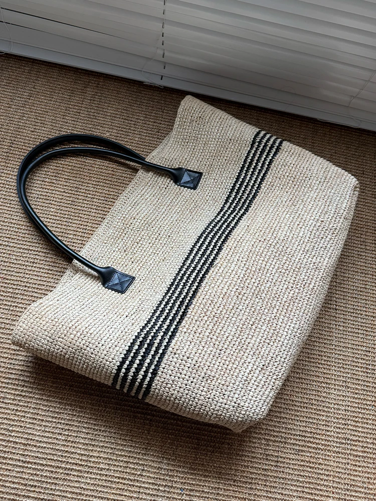 Stripes Lafite Straw Weave Tote Bags For Women Luxury Designer Handbags And Purses New Casual Letter Large Capacity Shoulder