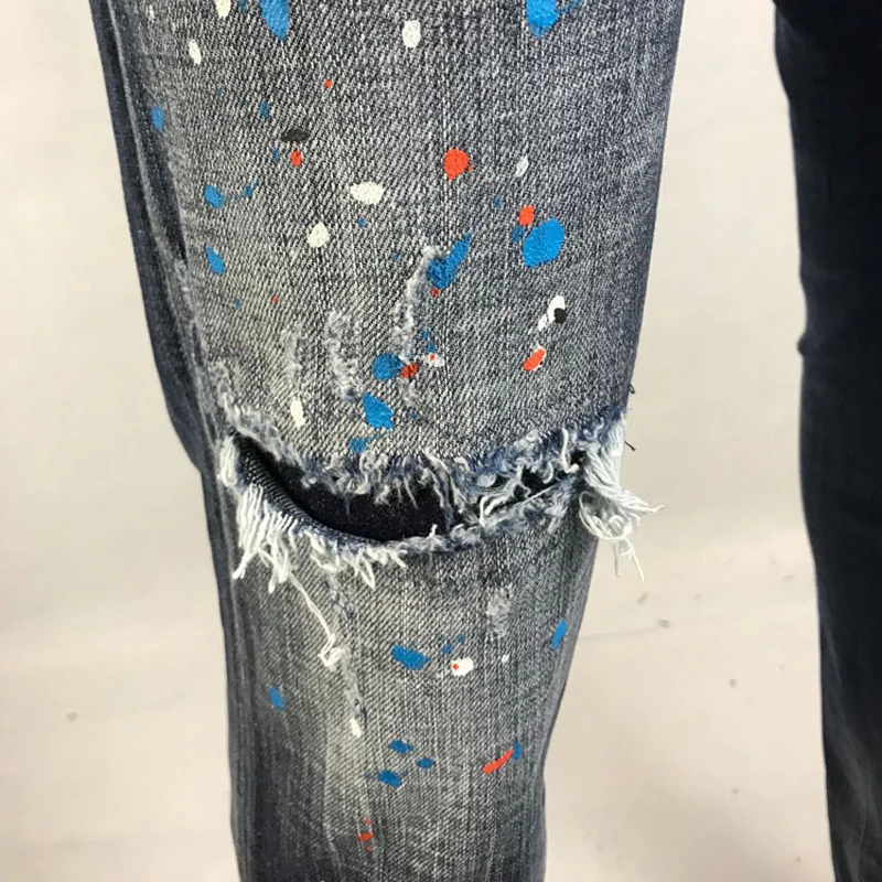 Streetwear Fashion Men Jeans High Quality Elastic Stretch Slim Fit Vintage Ripped Jeans Men Painted Designer Brand Pants Hombre