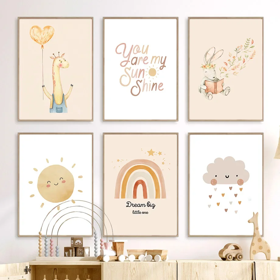 

Boho Giraffe Rabbit Sun Rainbow Nursery Wall Art Canvas Painting Nordic Posters Prints Cartoon Wall Picture Baby Kids Room Decor