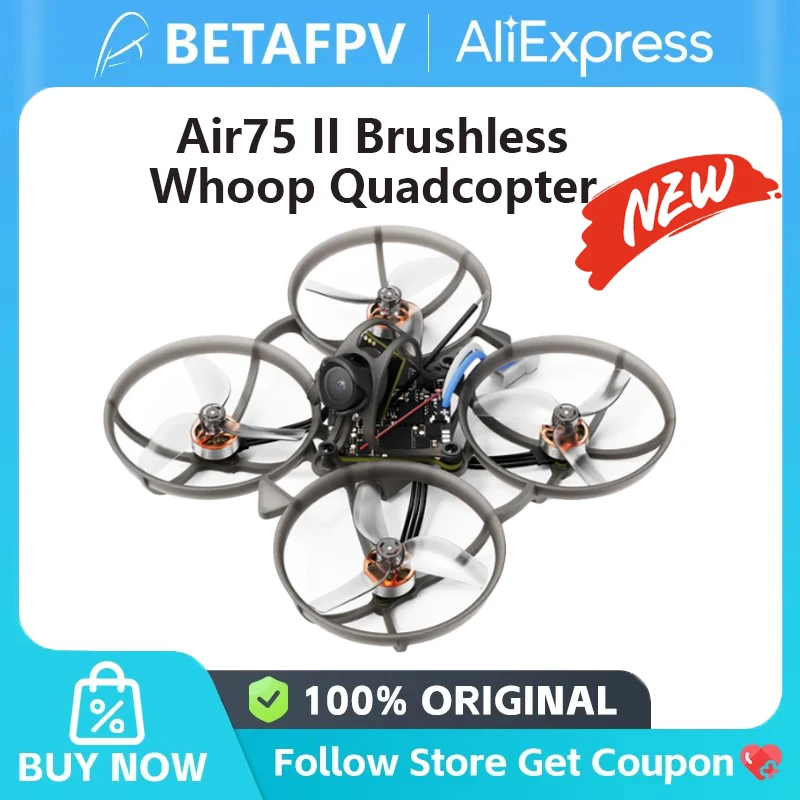 Drone FPV Air75 II 1S ultraléger en vol, châssis carbone et hélices tripales visibles, parfait pour course et freestyle.