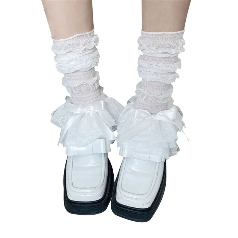 Womens Lace Ruffle Knee Socks Knee High Sock Mesh Long Stocking Lace Trim Socks for Lady Girls