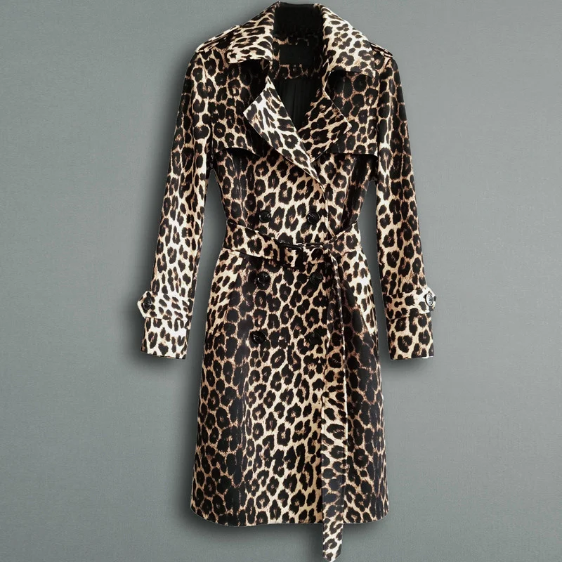 

Autumn New Fashion Mid Long Leopard Print Trench Coat Women Belt Double Breasted Windbreaker Korean Casual Slim Overcoat Female