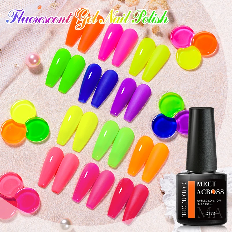 MEET ACROSS 12Pcs/Set 7ml Fluorescent Gel Nail Polish With With Base Top Coat Summer Sparkly Soak Off Nail Art Gel Kit Varnish 4
