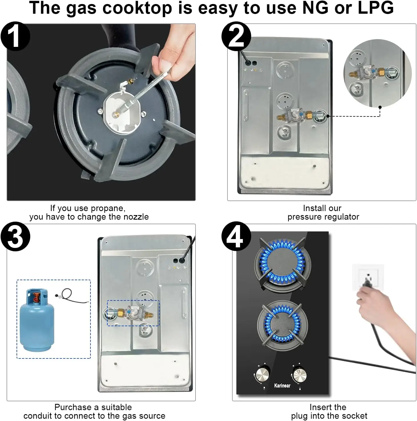 Gas Cooktop 2 Burner Propane Cooktop, 12 Inch LPG/NG Dual Fuel Gas Stove Top, Built-in Tempered Glass Cooktop for Apartment,