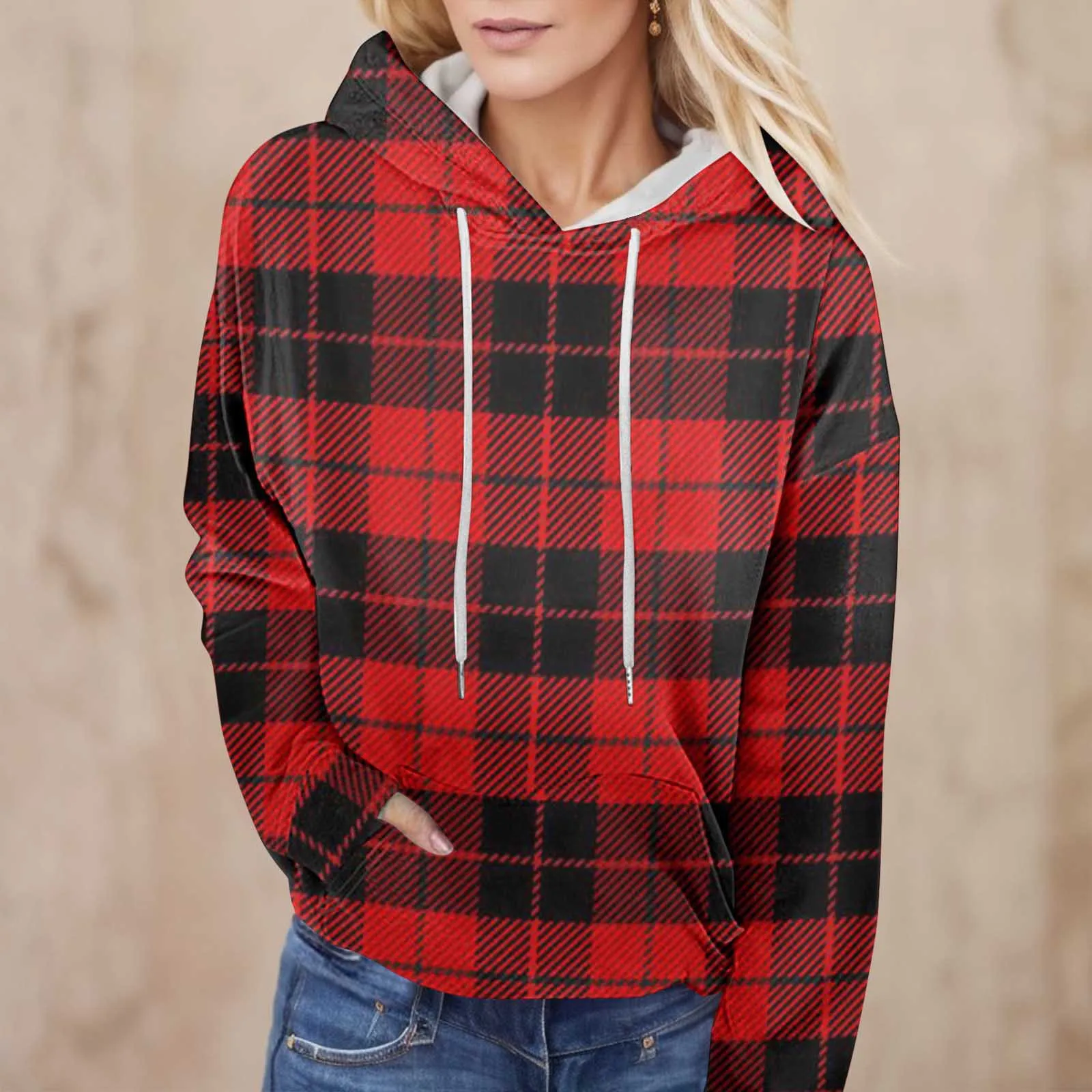 

Winter Plaid Print Hoodies Sweatshirts Oversized Pullover Hoodie Harajuku Y2k Tops Drawstring Hoodies Women Dailywear Moletom