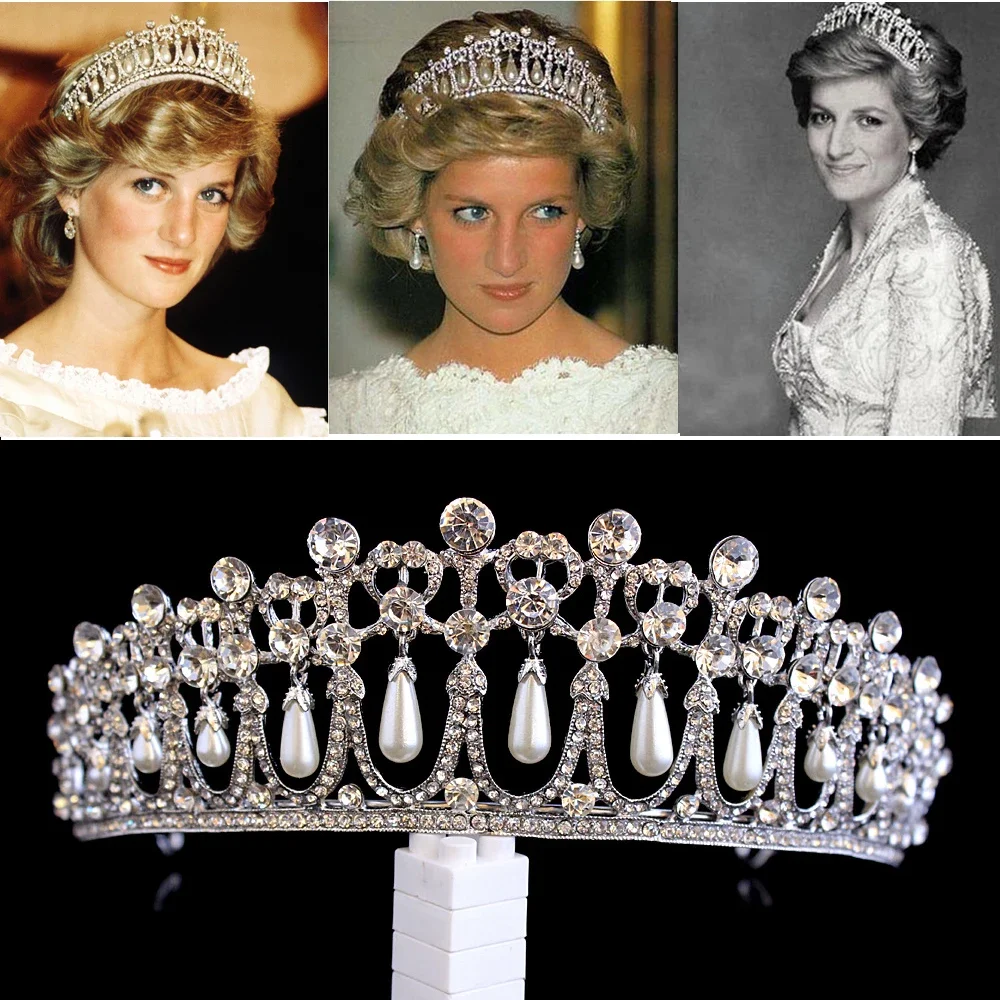Vintage Silver Color Queen Princess Diana Crown Crystal Pearl Diadem Per Accessori Per Capelli Da Sposa Bride Tiara Party Prom Headband