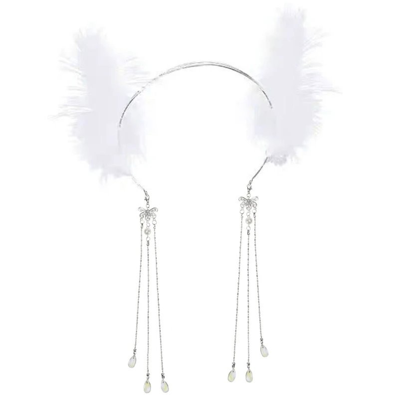 

F42F Feather Hair Accessories White Feather Furry Hair Hoop Headband with Long Tassel Headpiece for Womens Girls