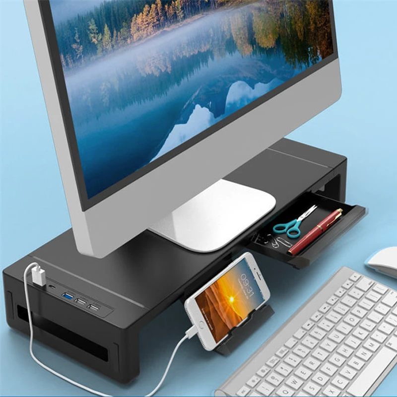 Desktop monitor stand with drawer heightened usb3 0 memory lantern