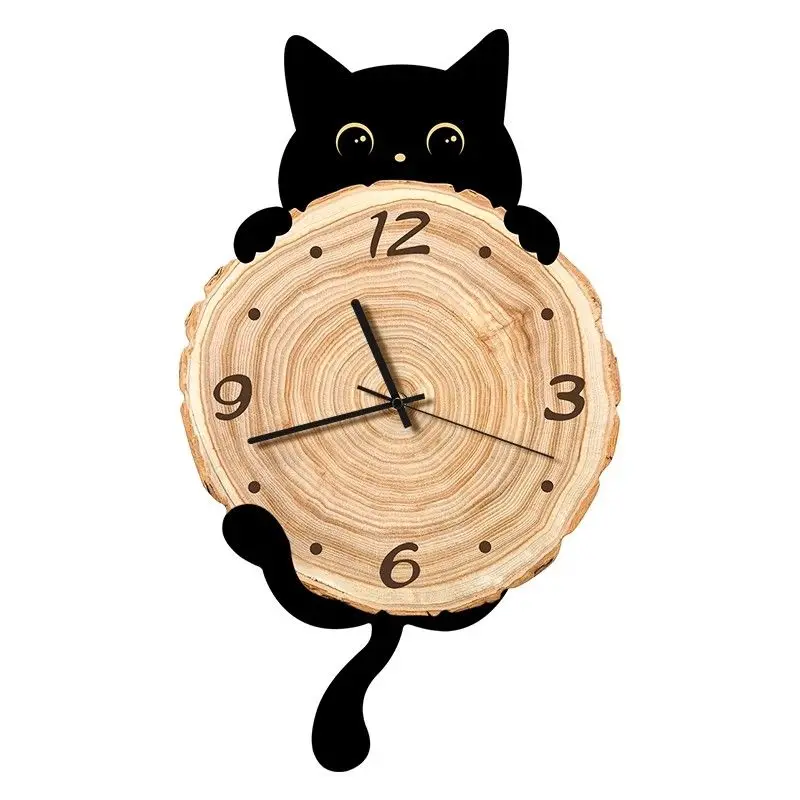 2024 New Cute Cat Wall Clock Lovely Wooden Silent Mute Art Wall Hanging Clocks Watch Home Bedroom Dining Room Decoration