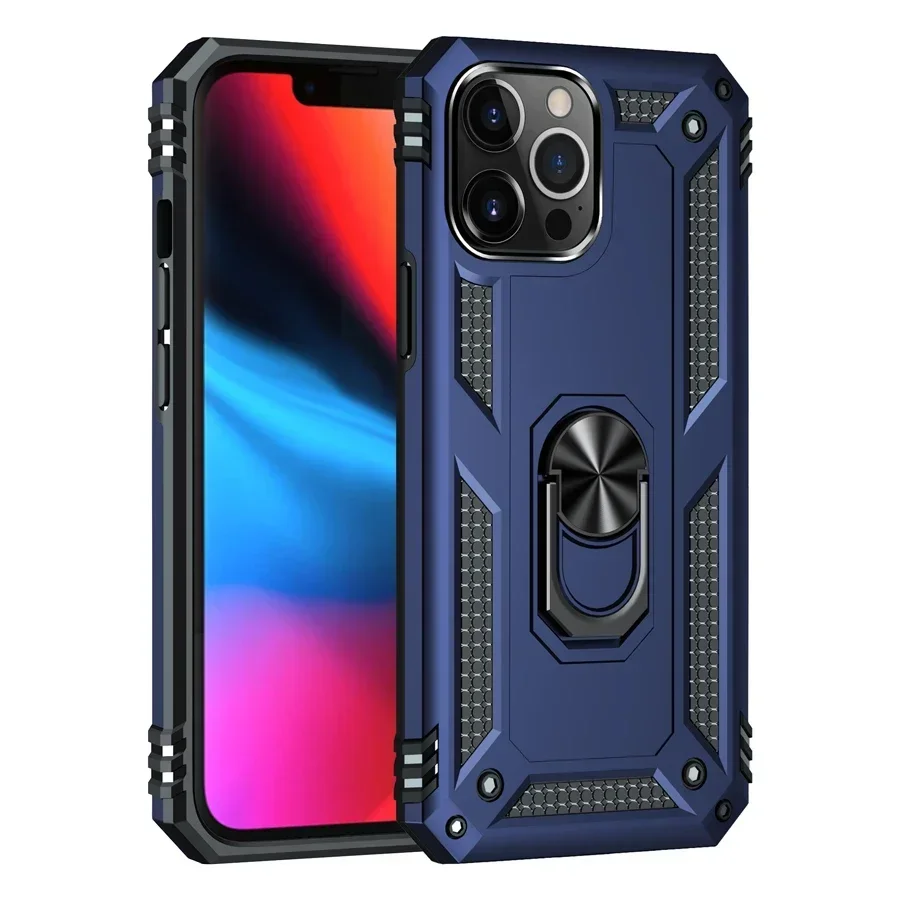 Shockproof Armor Bumper Case with Finger Holder and Magnetic Metal Ring Cover