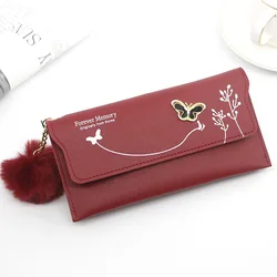 Elegant Women's Solid Color Fur Ball Wallet - PU Leather Long Wallet with Butterfly Card Holder Purse (Red)