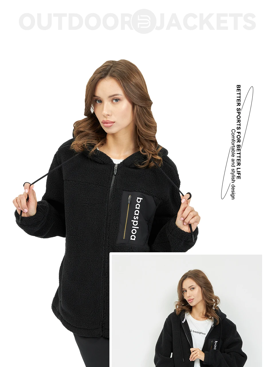 Baasploa Neue Damen Lammwoll-Hoodies Herbstmode Einfarbige Langarm-Jacke Lässiger Reißverschluss-Sweater mit Kapuze – Detail 8